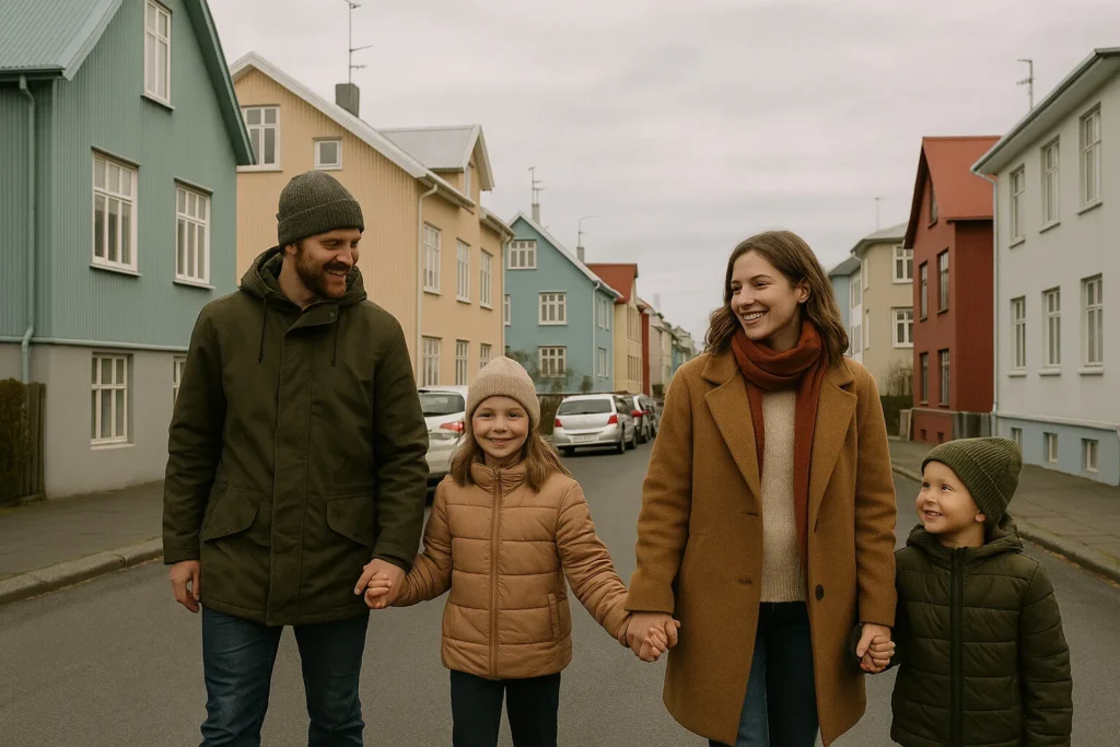 Fjölskylda gengur á götu á Íslandi í vetrarfatnaði.